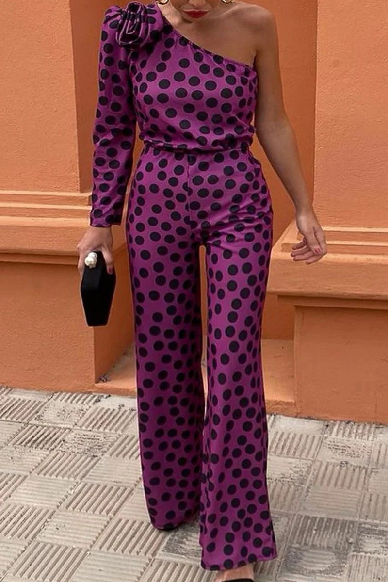 Casual Dot Print Backless Oblique Collar Regular Jumpsuits - Panekey