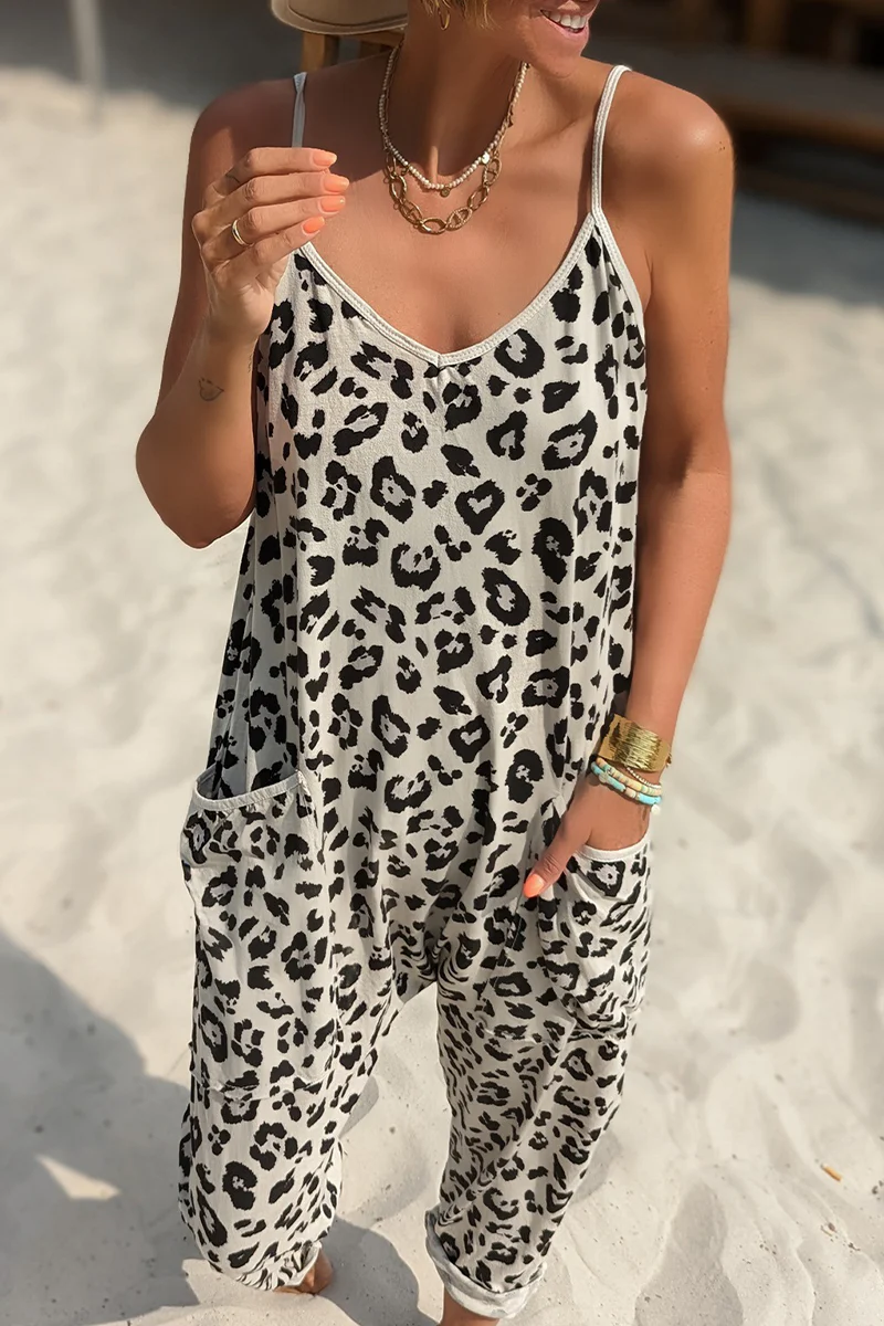 Casual Leopard Pocket Printing V Neck Loose Jumpsuits - Panekey