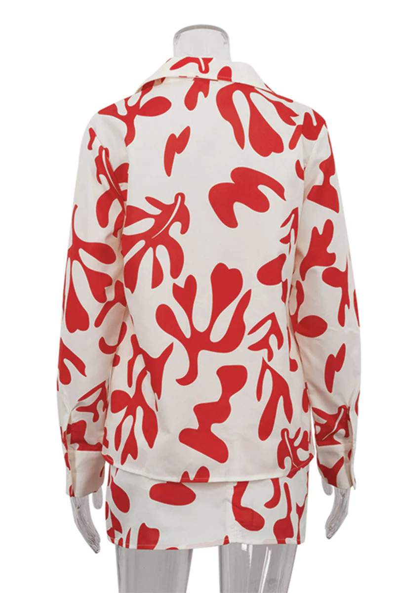 Casual Floral Patchwork Turndown Collar Long Sleeve Two Pieces - Panekey