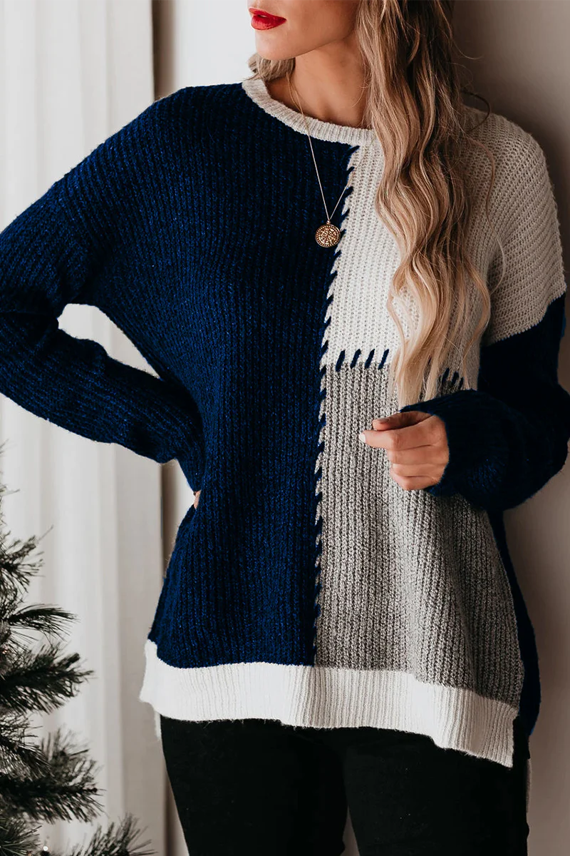 Casual Color Lump Split Joint O Neck Tops - Panekey