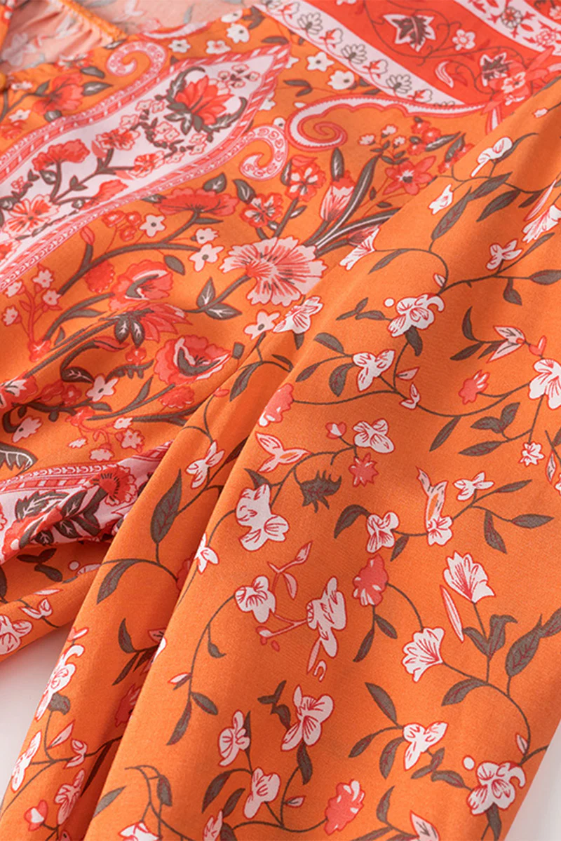 Casual Floral Print Lace Up V Neck A Line Dresses - Panekey