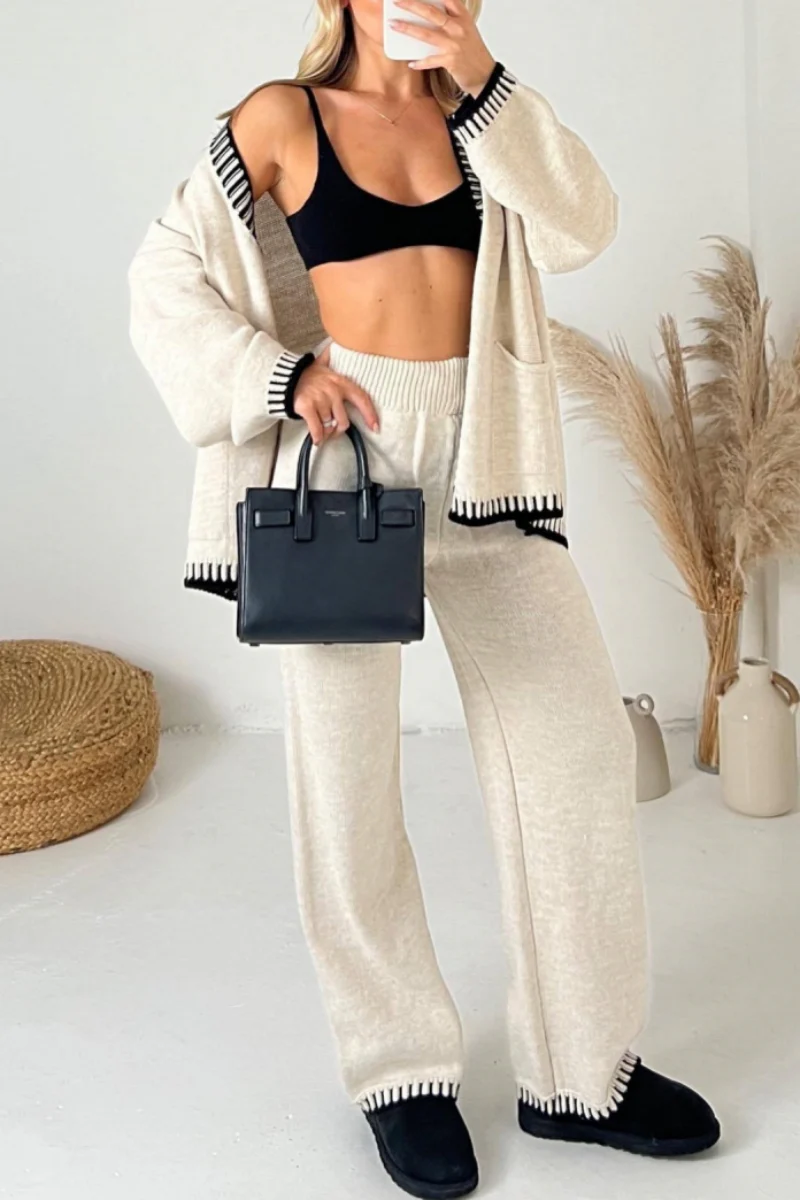 Casual Patchwork Buttons V Neck Long Sleeve Two Pieces(4 Colors) - Panekey