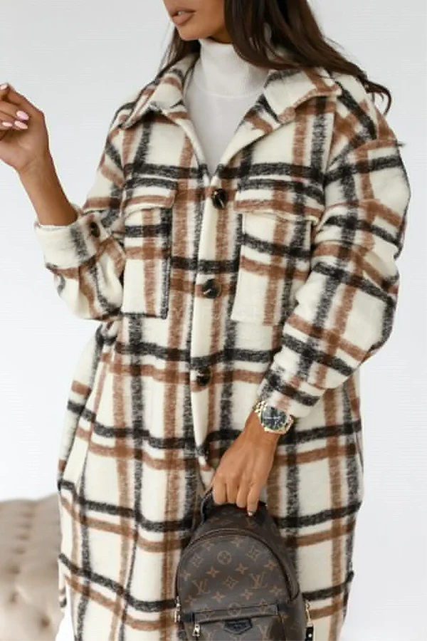 Casual Elegant Plaid Pocket Buckle Turndown Collar Outerwear - Panekey