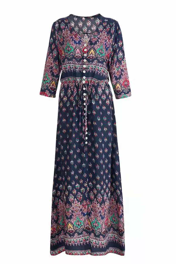 Bohemian Print Buckle Slit V Neck Dresses(7 Colors) - Panekey