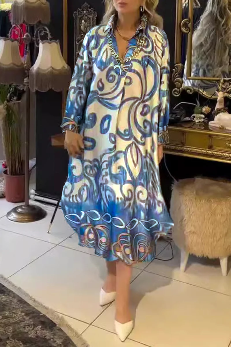 Casual Geometric Print Patchwork Turndown Collar Printed Dresses - Panekey