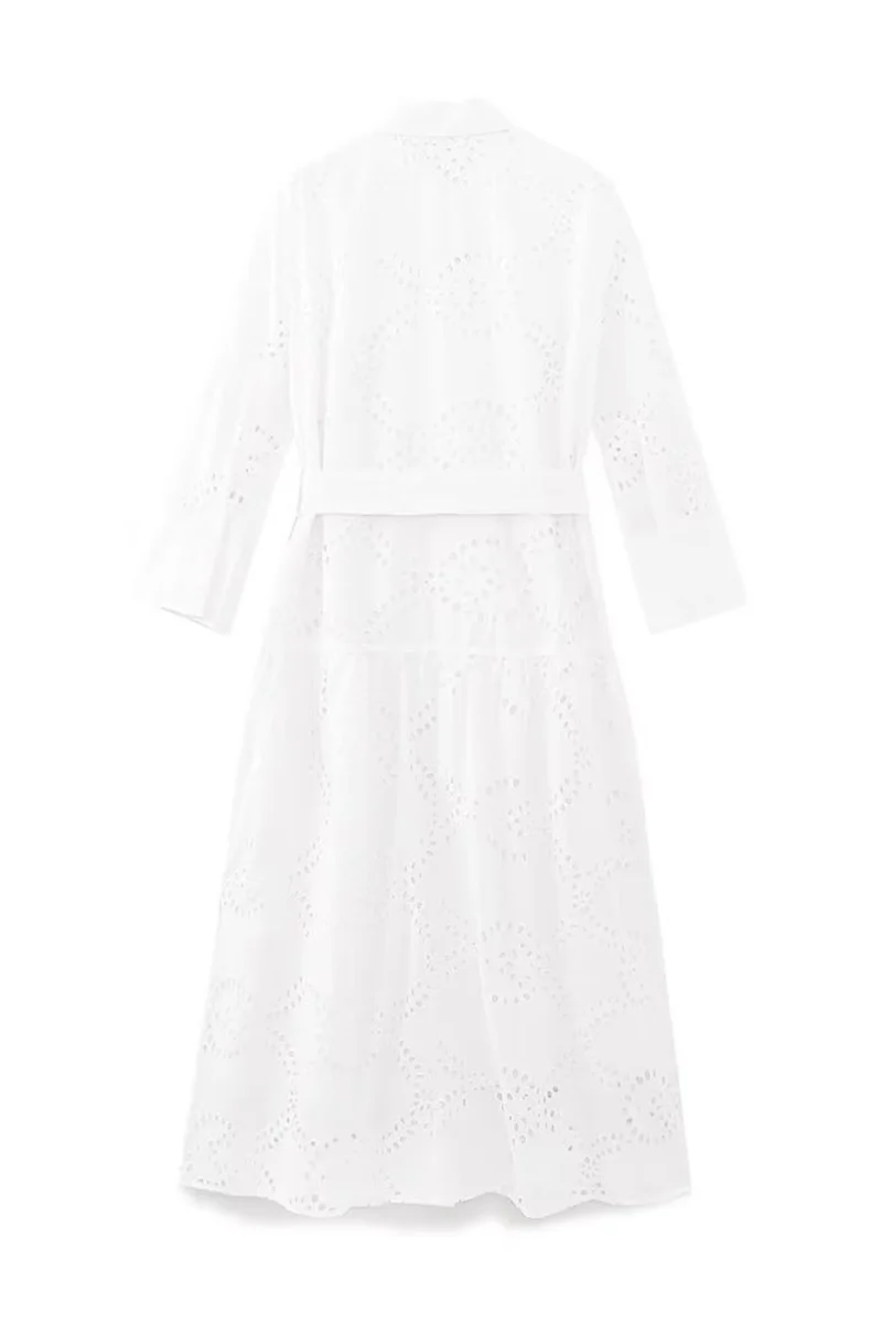 Casual Daily Solid Color Embroidered Hollow Out Lace Up Turndown Collar A Line Dresses - Panekey