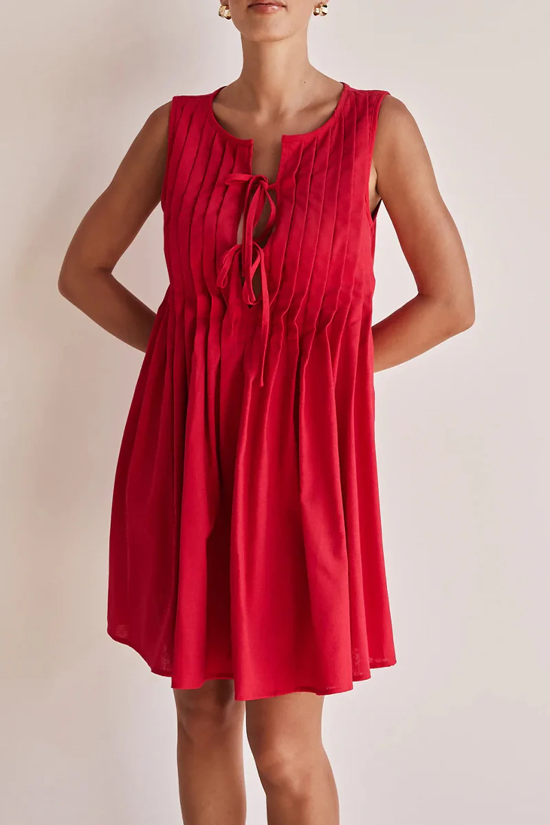 Casual Daily Lace Up Pleated O Neck Pleated Dresses(4 Colors) - Panekey