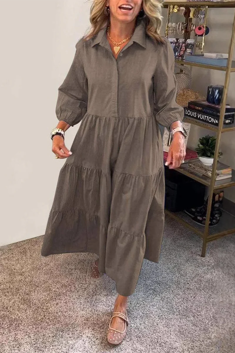 Casual Buttons Ruffle Turndown Collar A Line Dresses(6 Colors) - Panekey