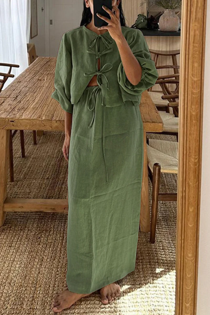 Casual Daily Solid Color Lace Up O Neck Long Sleeve Two Pieces - Panekey