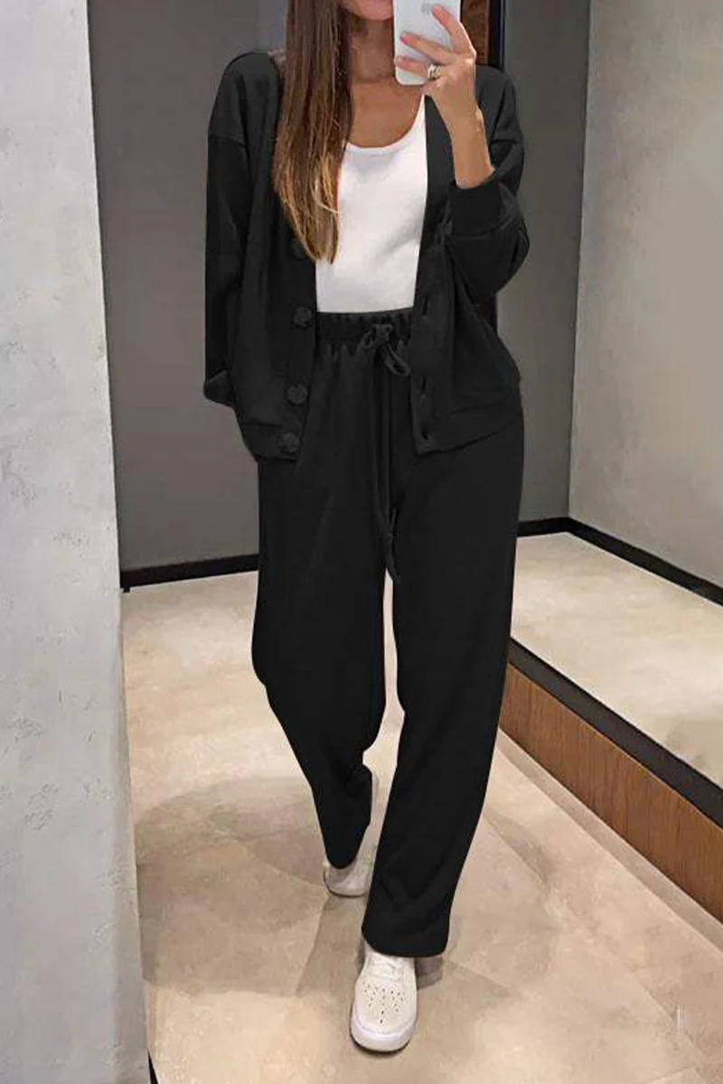 Casual Daily Solid Color Pocket Lace Up Buttons V Neck Long Sleeve Two Pieces(5 Colors) - Panekey