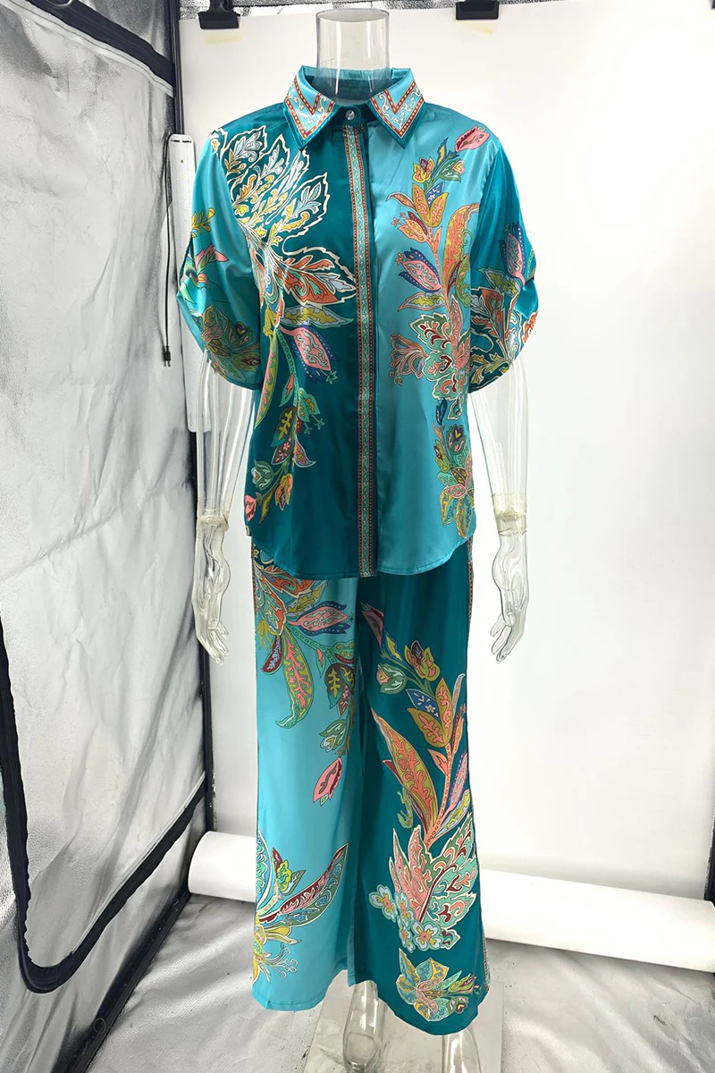 Casual Floral Print Patchwork Turndown Collar Long Sleeve Two Pieces - Panekey