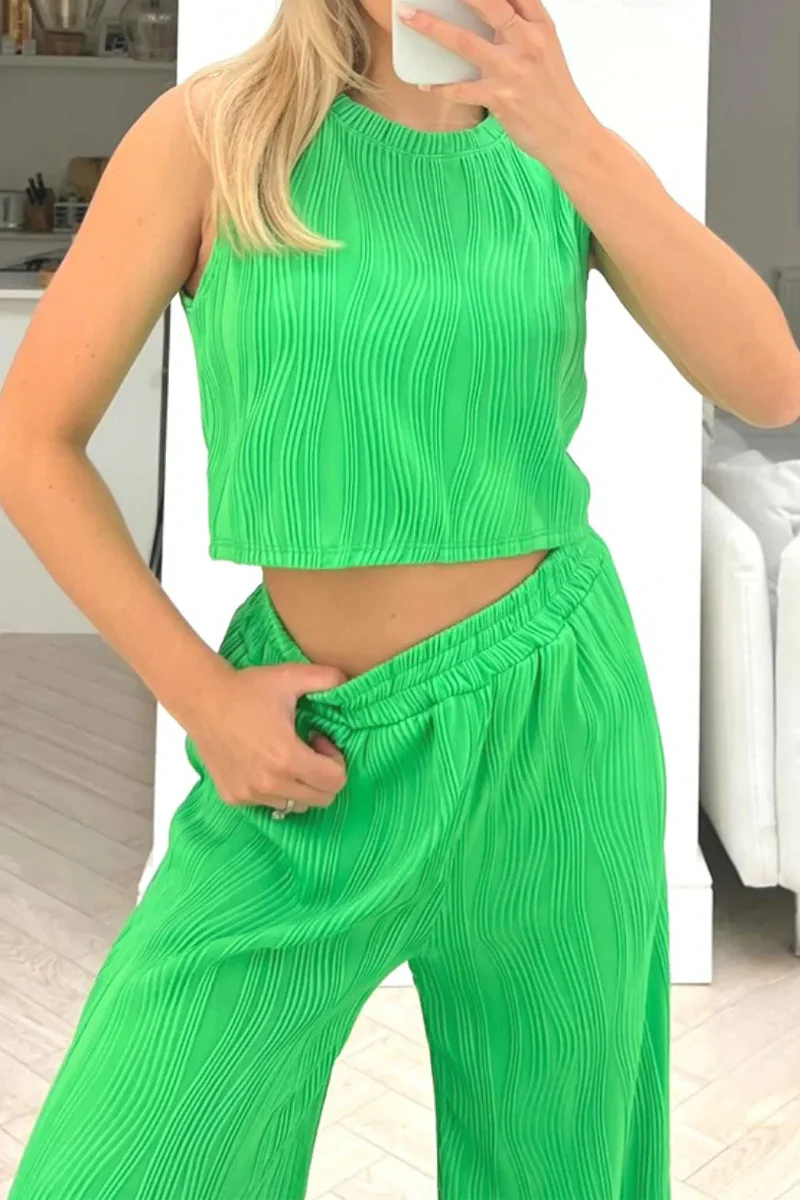 Casual Daily Solid Color Texture O Neck Sleeveless Two Pieces(6 Colors) - Panekey