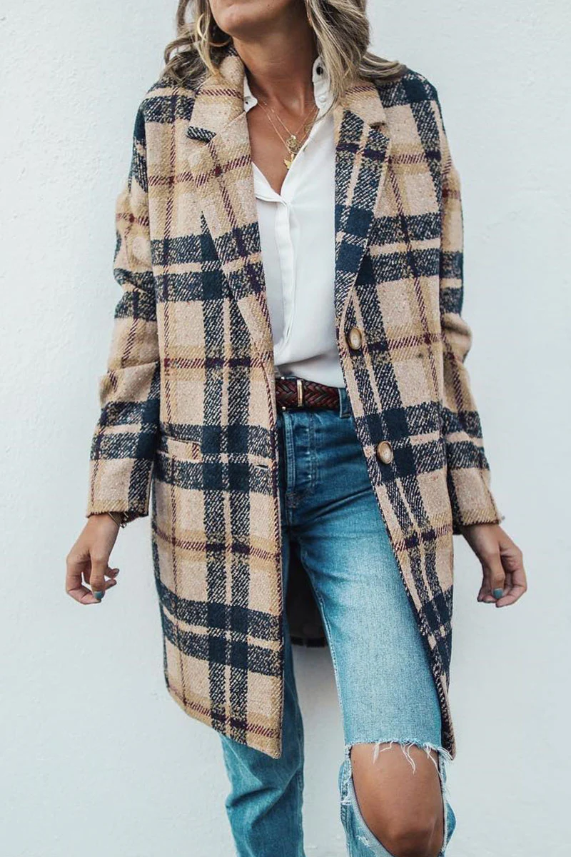 Casual Plaid Print Without Belt Turn-back Collar Outerwear - Panekey