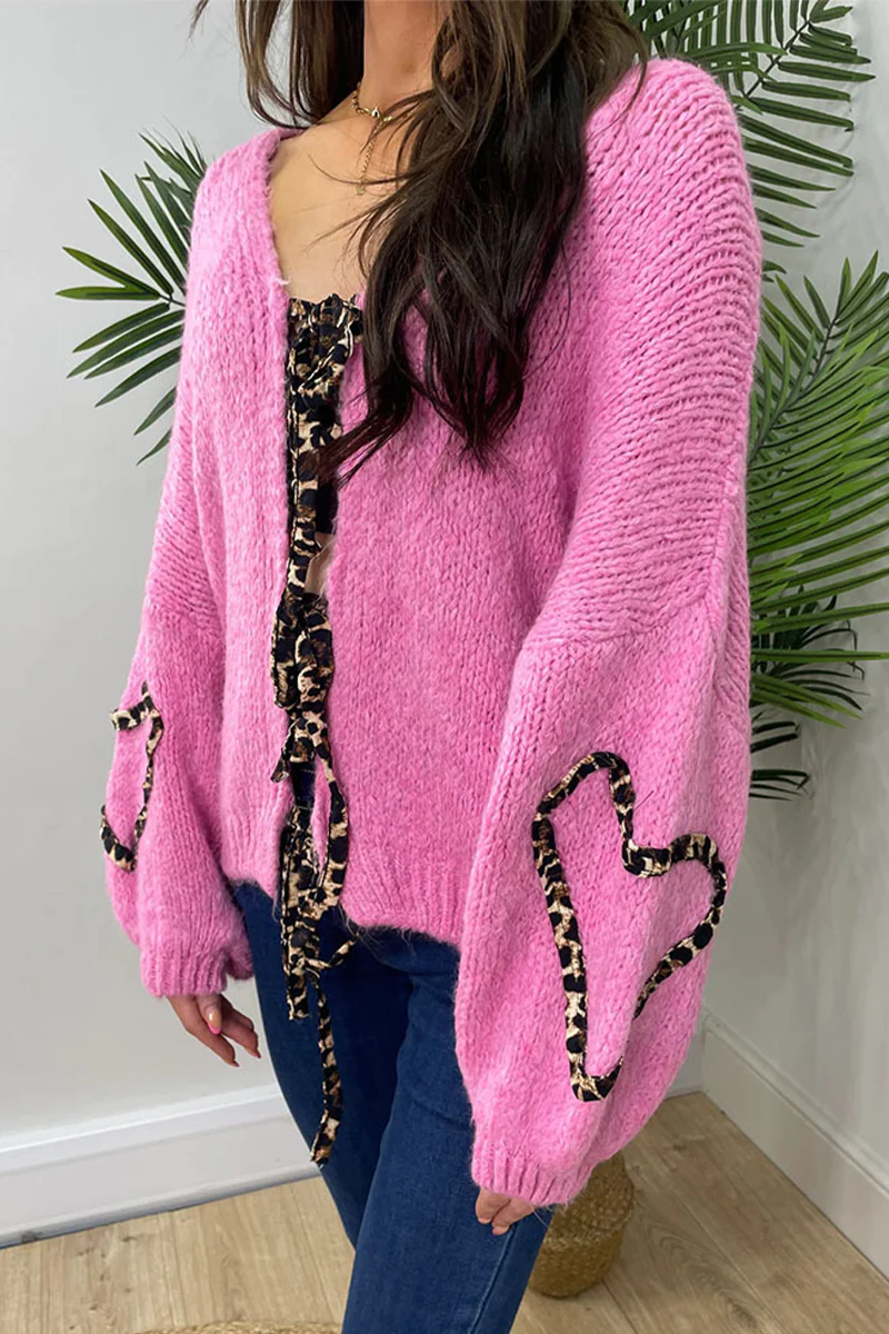 Casual Leopard Lace Up Patchwork Weave V Neck Outerwear(7 Colors) - Panekey