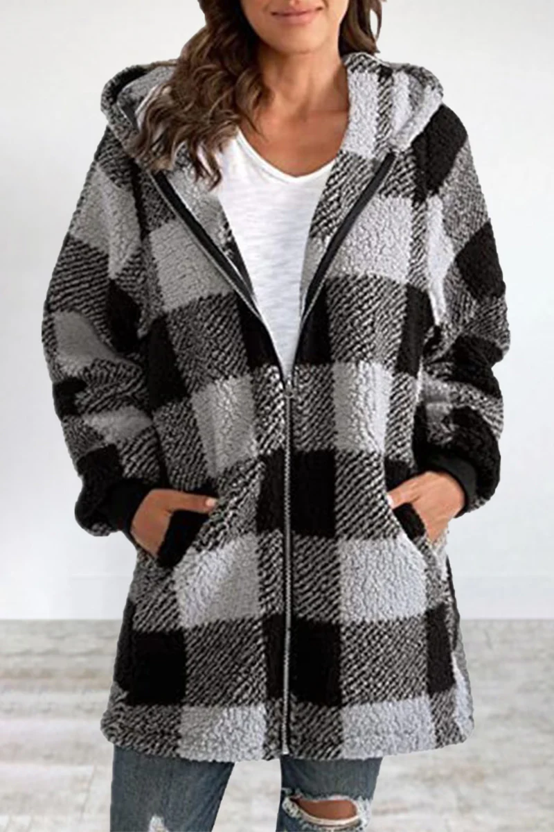 Casual Plaid Frenulum Contrast Zipper Hooded Collar Outerwear - Panekey