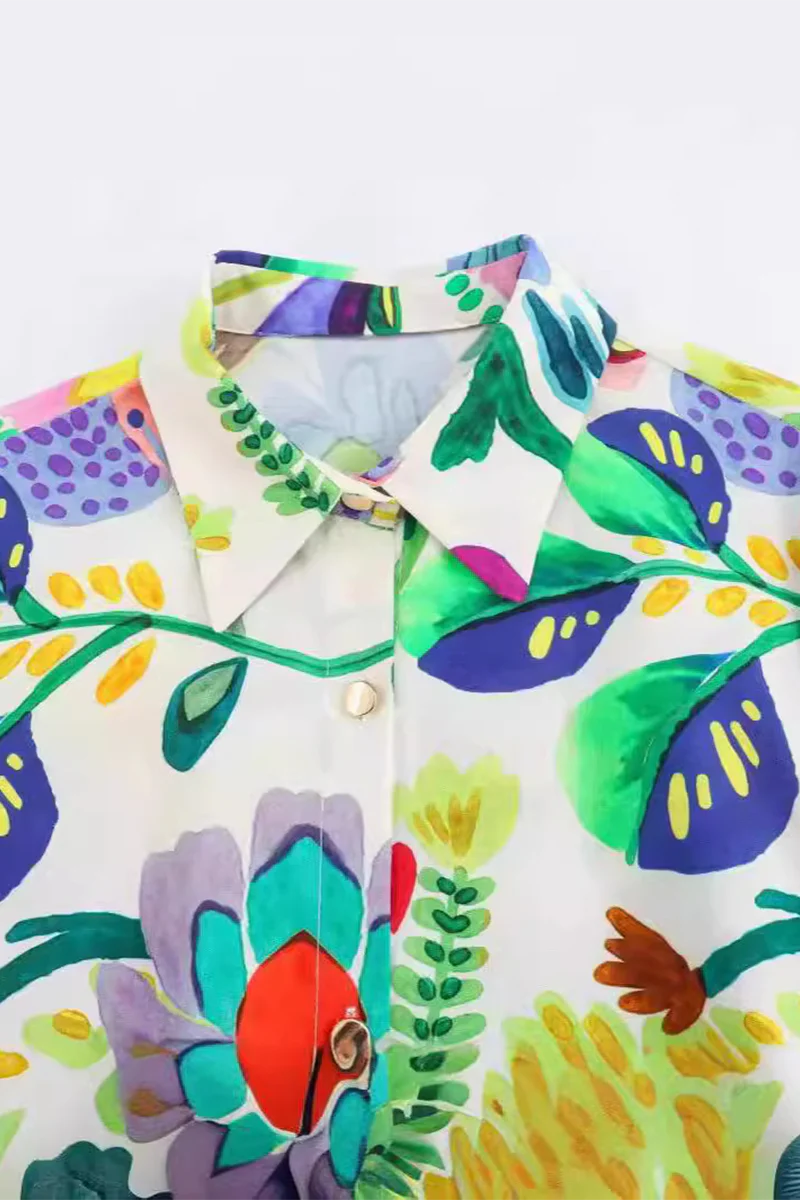 Casual Floral Print Patchwork With Belt Turndown Collar Printed Dresses - Panekey