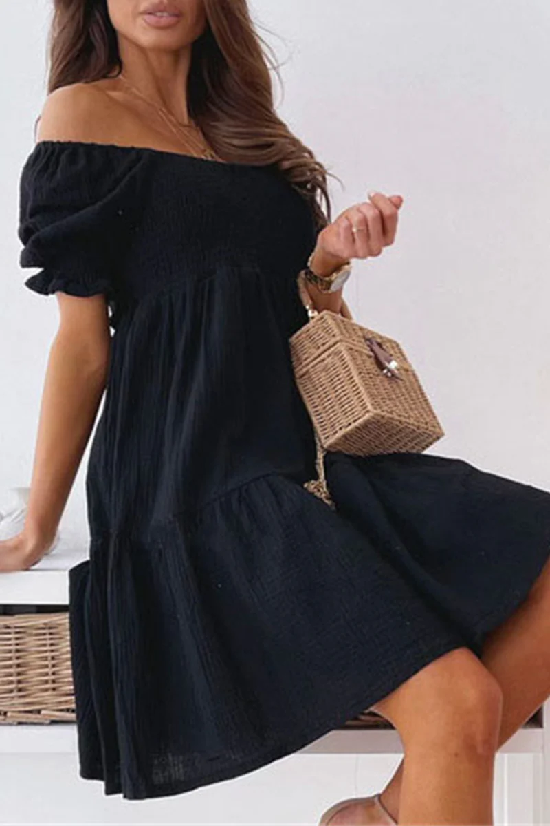 Casual Elegant Solid Patchwork Flounce Off the Shoulder A Line Dresses(3 Colors) - Panekey