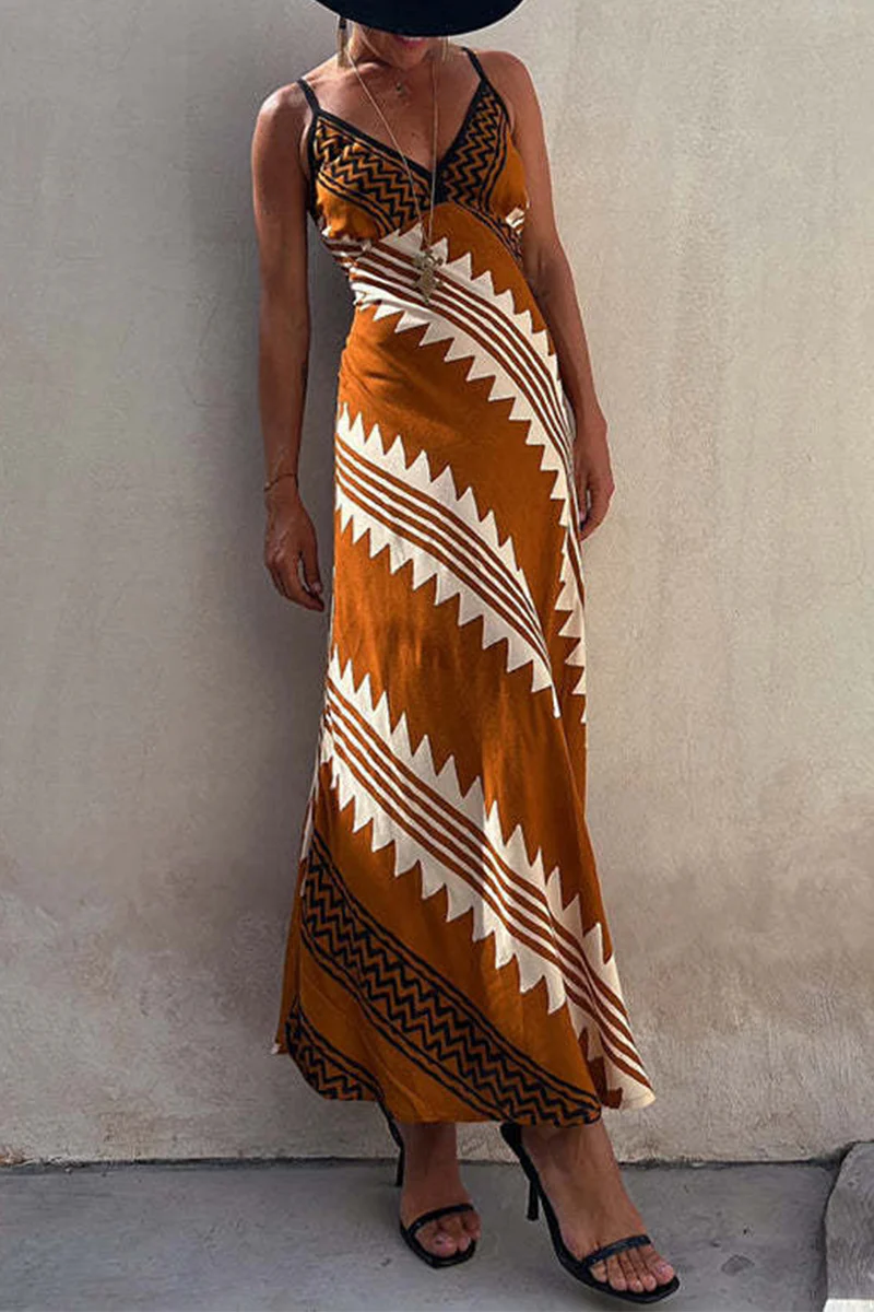 Bohemian Vacation Striped Print Patchwork V Neck Sling Dresses - Panekey