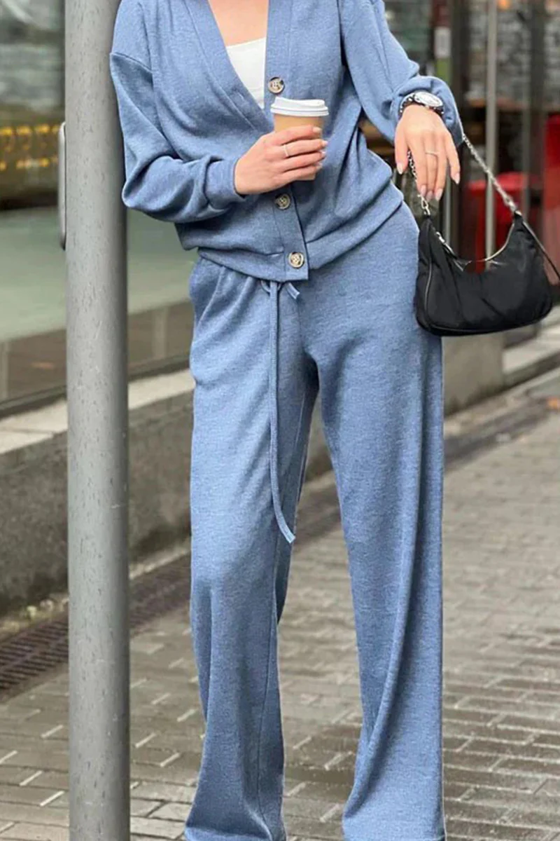 Casual Daily Solid Color Pocket Lace Up Buttons V Neck Long Sleeve Two Pieces(5 Colors) - Panekey