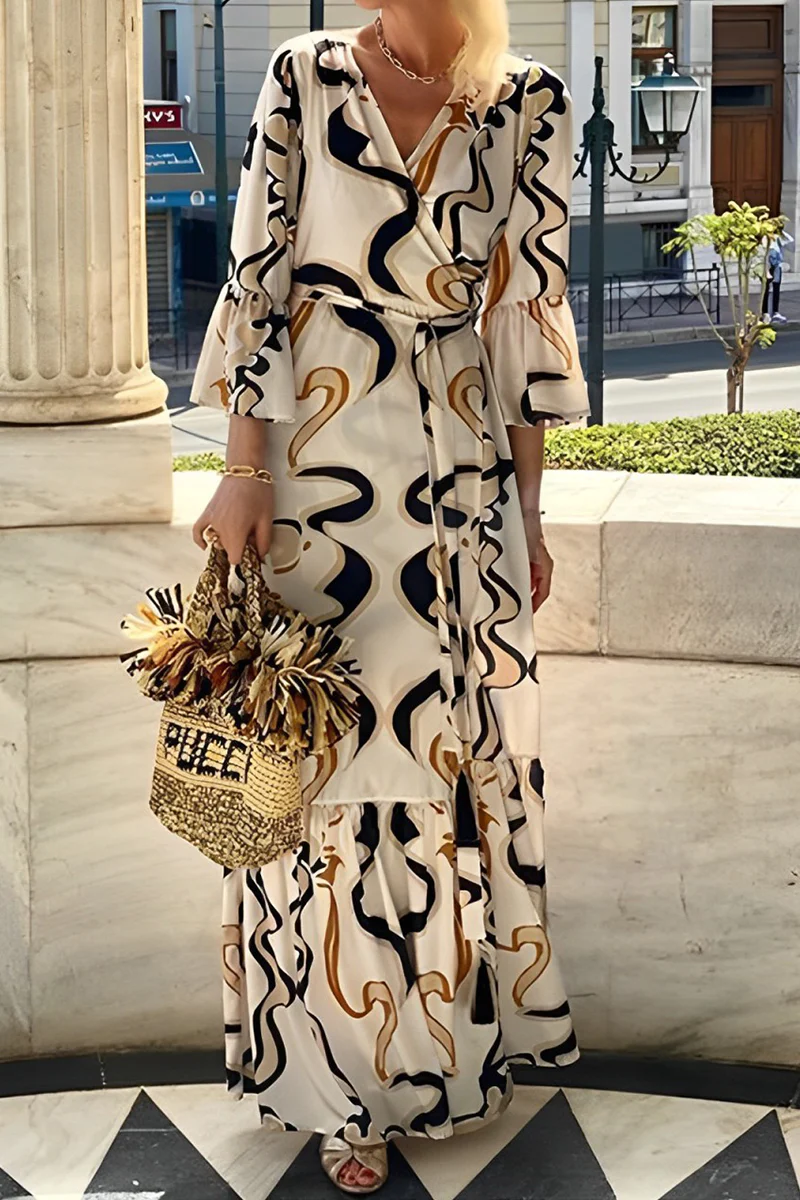 Casual Daily Geometric Print Lace Up Contrast U Neck One-piece Suits Dresses - Panekey