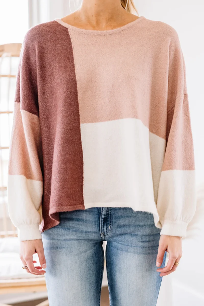 Casual Patchwork  Contrast O Neck Tops Sweater - Panekey