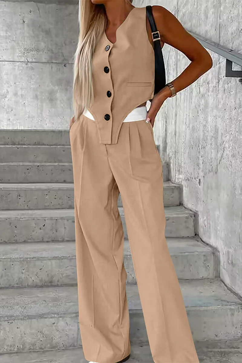 Casual British Style Solid Buttons Fold Asymmetrical V Neck Sleeveless Two Pieces(8 Colors) - Panekey