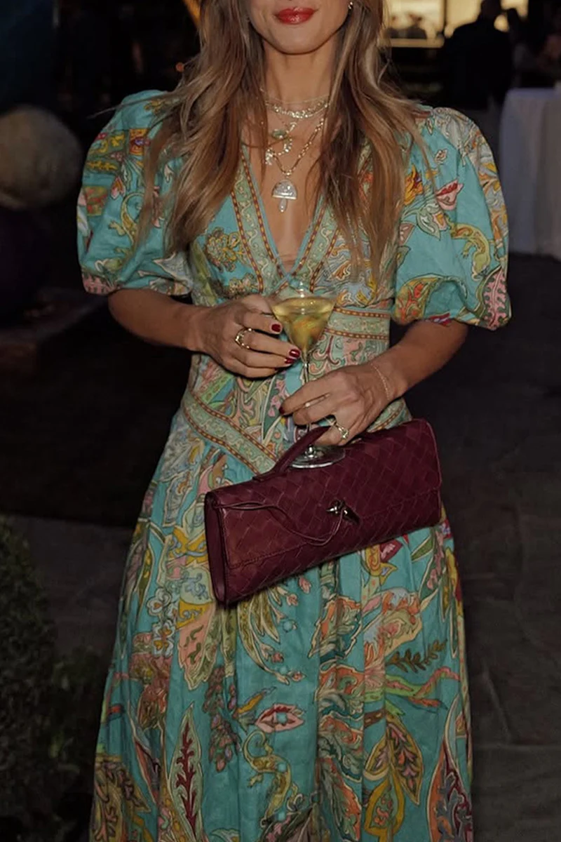 Casual Floral Print Pocket V Neck A Line Dresses - Panekey