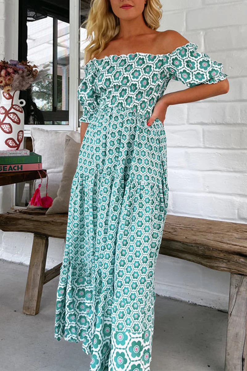 Casual Geometric Print Contrast Off Shoulder Short Sleeve Short Sleeve Dress - Panekey