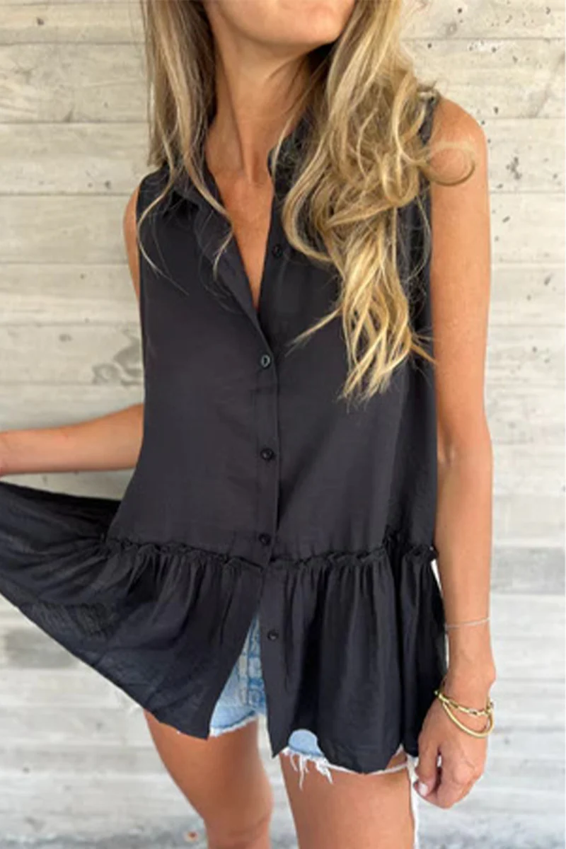 Casual Buttons Pleated Flounce Turndown Collar Blouses(3 Colors) - Panekey