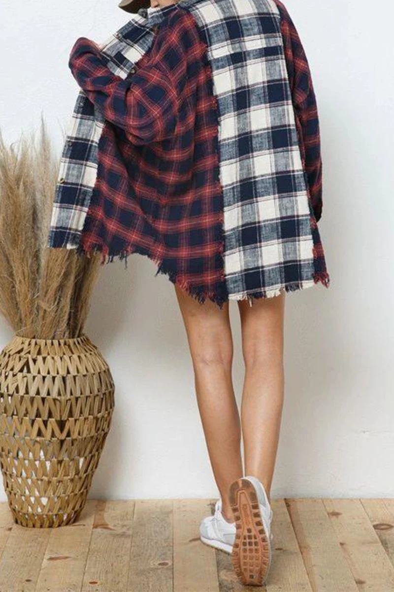 Casual Plaid Patchwork Turndown Collar Tops - Panekey