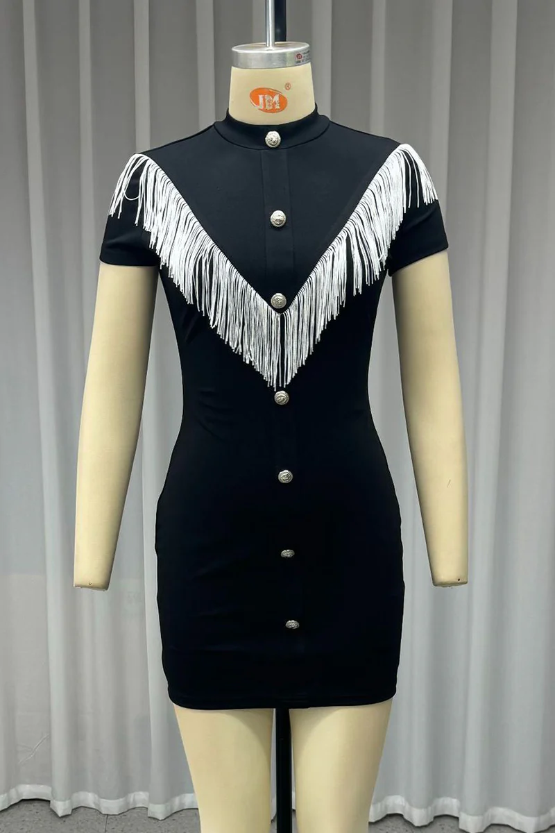 Casual Buttons Tassel Half A Turtleneck Wrapped Skirt Dresses - Panekey