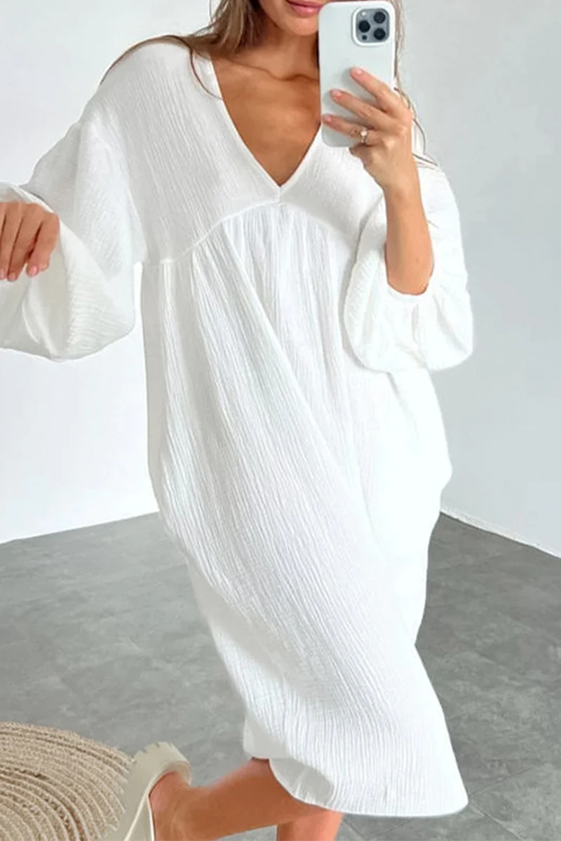 Casual Living Solid Pocket V Neck Long Sleeve Dresses - Panekey