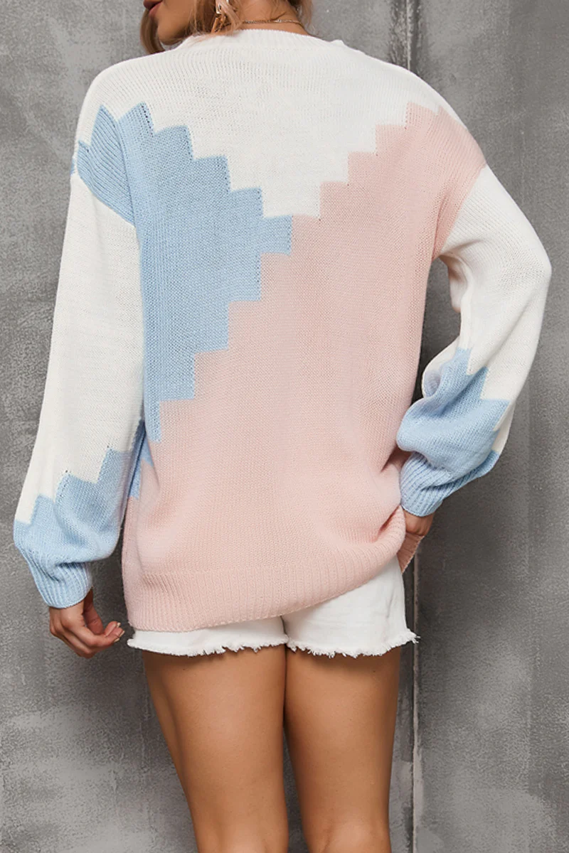 Casual Color Lump Contrast O Neck Tops Sweater - Panekey