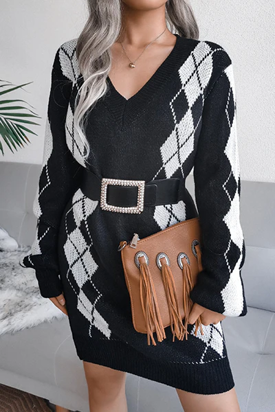 Casual Geometric Split Joint  Contrast V Neck Dresses  Sweater (Without Belt) - Panekey