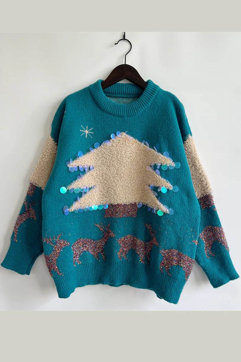 Casual Christmas Tree Sequins Patch O Neck Sweaters - Panekey