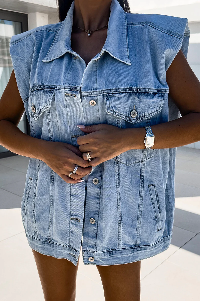 Casual Distressed Buttons Turndown Collar Sleeveless Loose Denim Jacket - Panekey