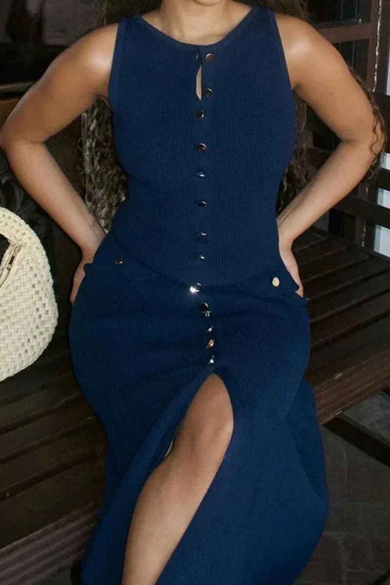 Casual Daily Solid Color Buckle O Neck Sleeveless Dresses - Panekey