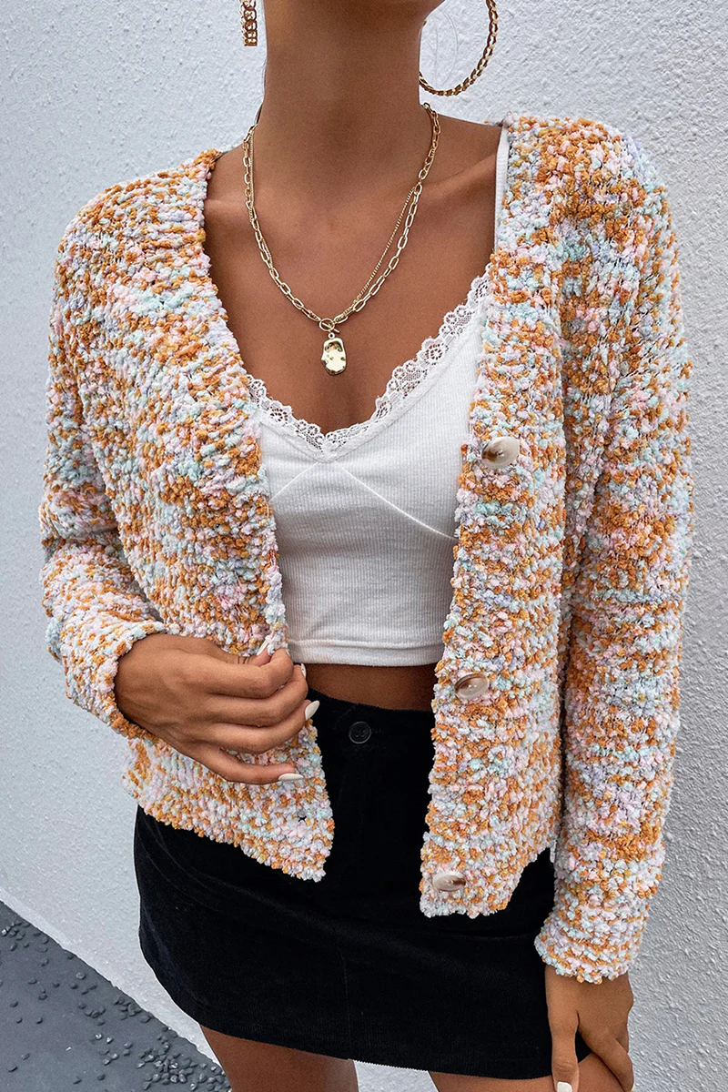 Casual Patchwork Buckle V Neck Tops Sweater - Panekey