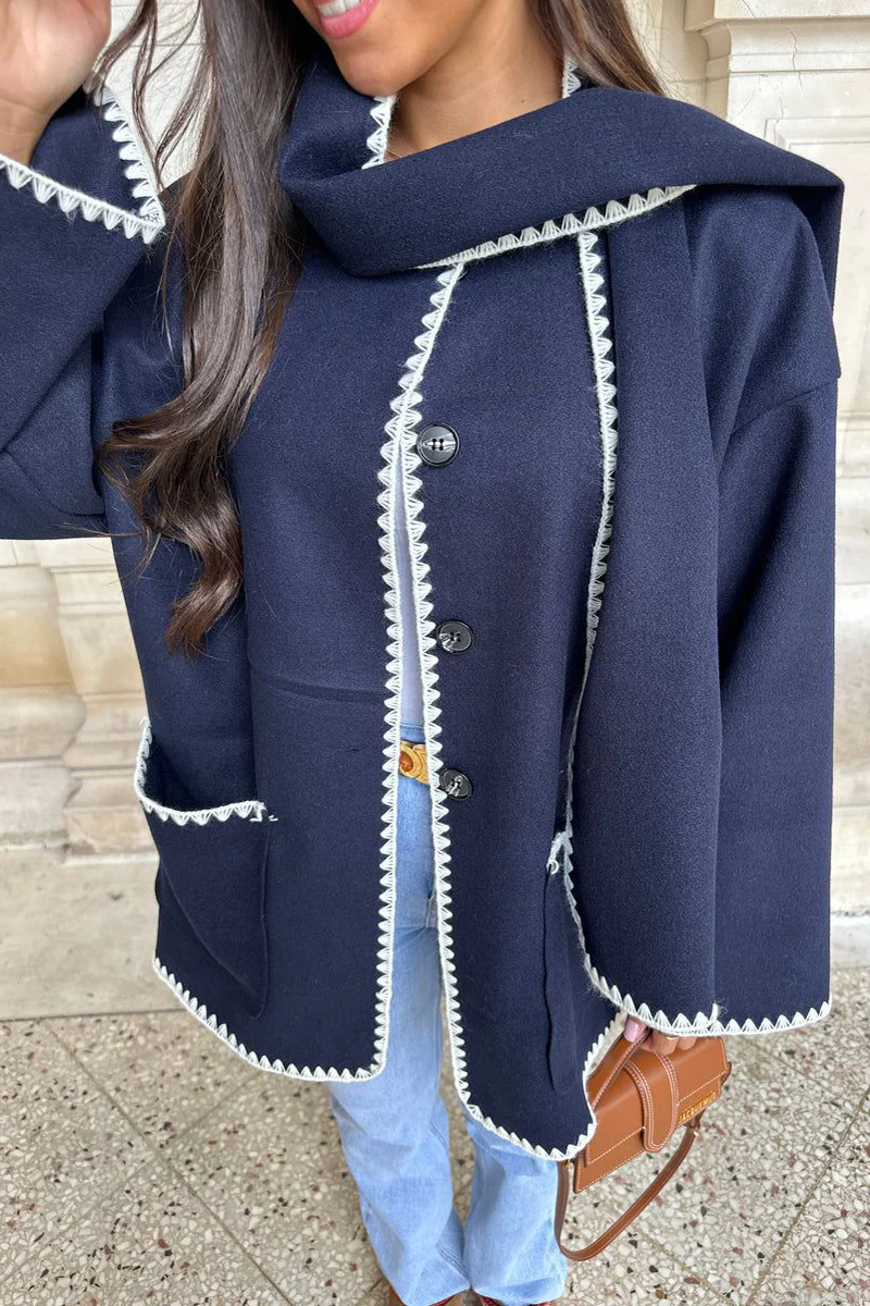 Casual British Style Solid Buttons Contrast Scarf Collar Outerwear - Panekey