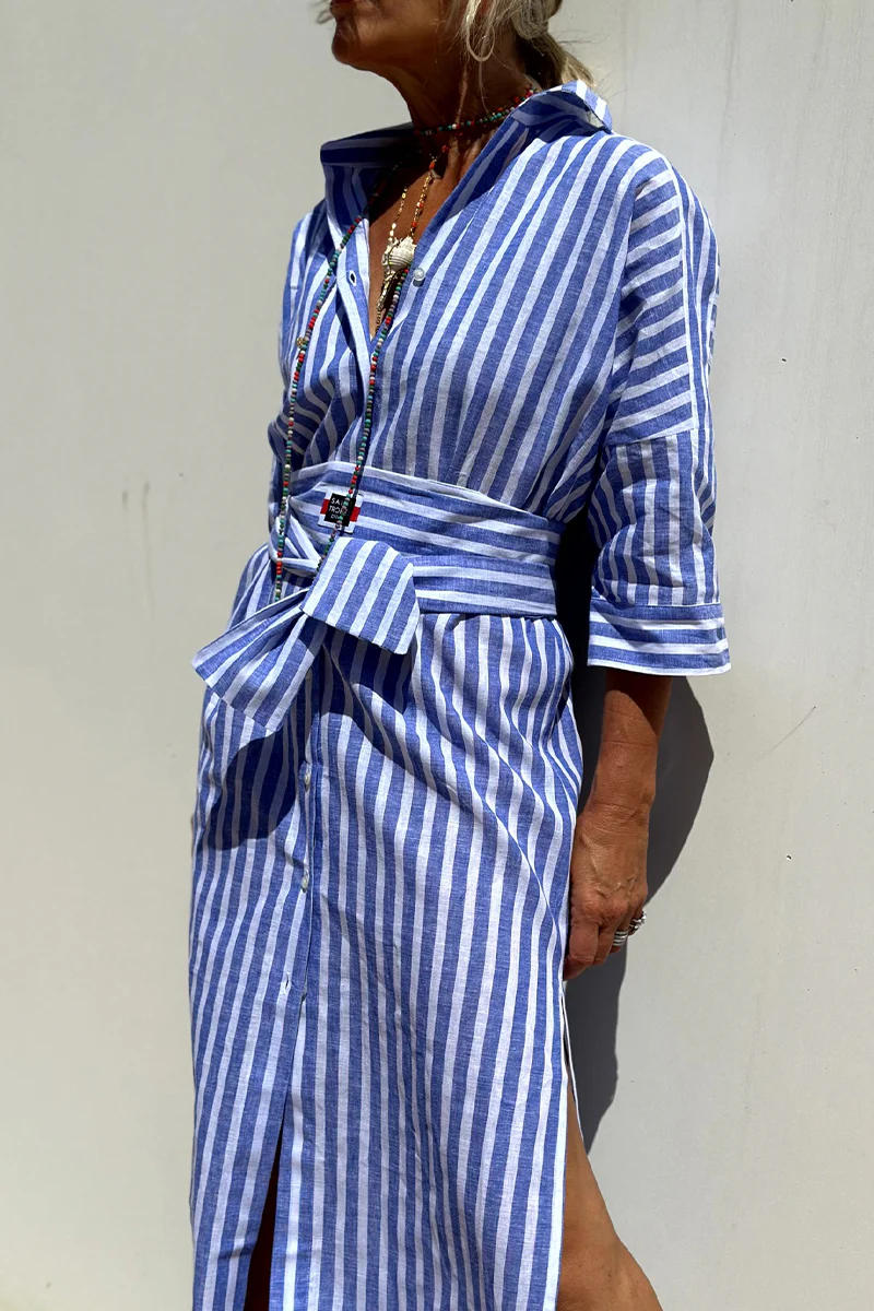 Casual Plaid Striped Print Buttons With Belt Turndown Collar Shirt Dresses(5 Colors) - Panekey