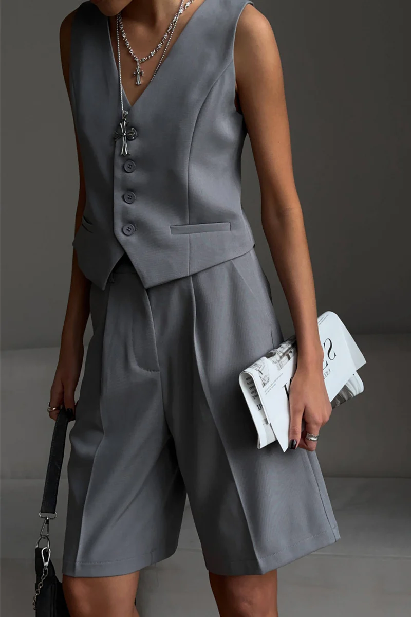 British Style Elegant Solid Pocket Buttons V Neck Sleeveless Two Pieces - Panekey