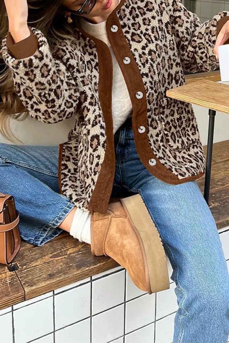 Casual Leopard Pocket Buttons Patchwork O Neck Outerwear - Panekey