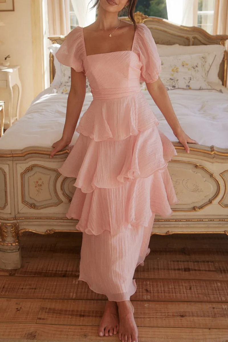 Casual Backless Flounce Square Neck Cake Skirt Dresses - Panekey