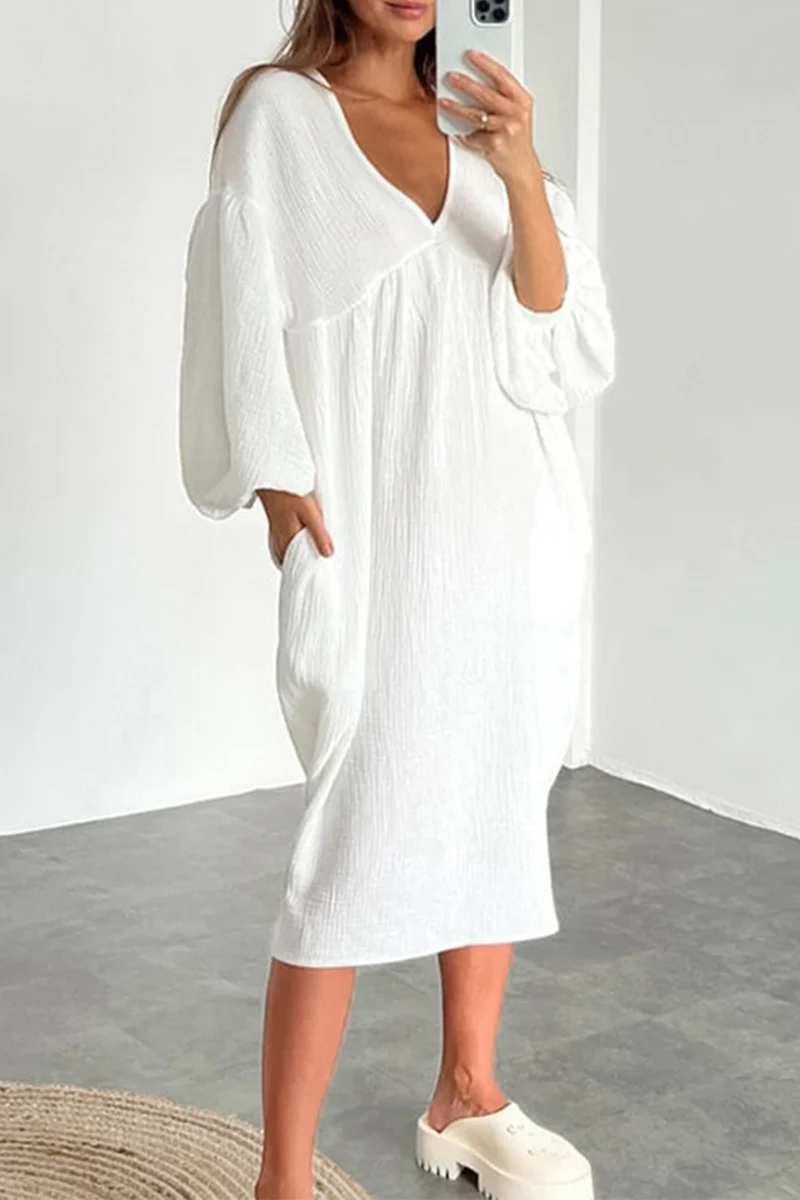 Casual Living Solid Pocket V Neck Long Sleeve Dresses - Panekey