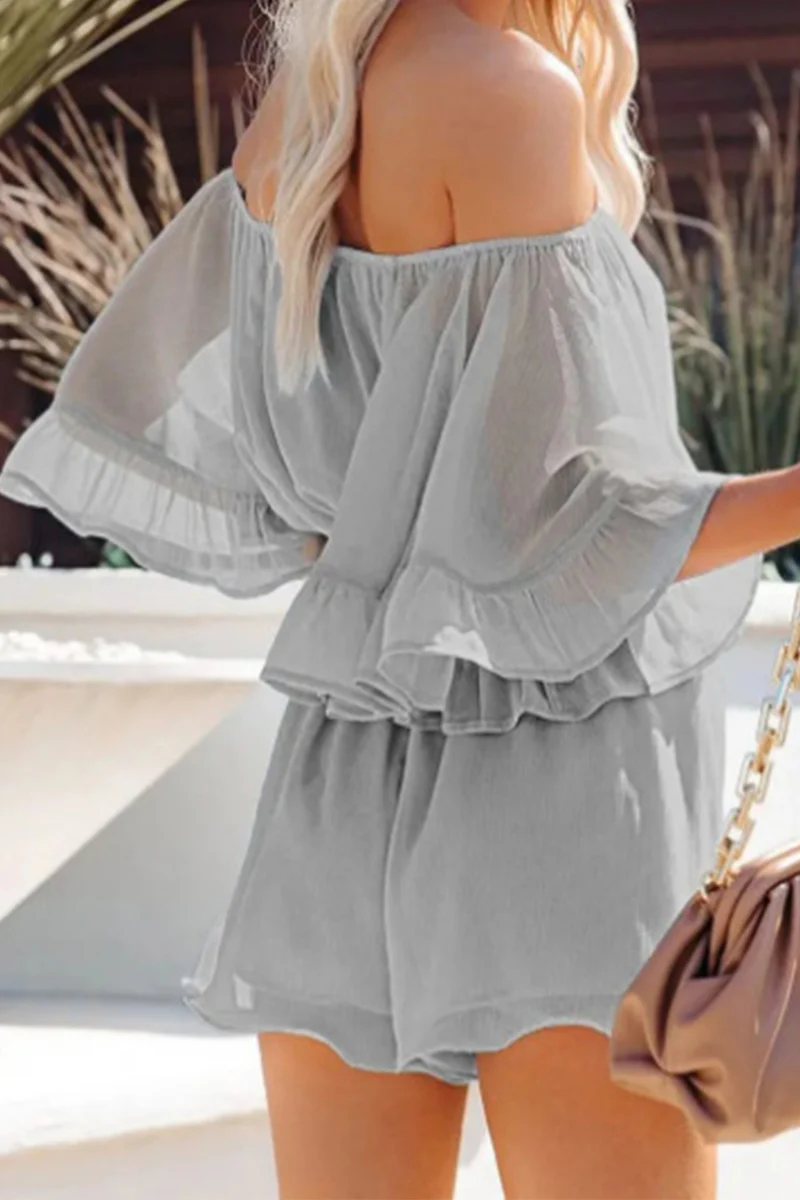 Casual Daily Solid Patchwork Flounce Off the Shoulder Loose Rompers - Panekey