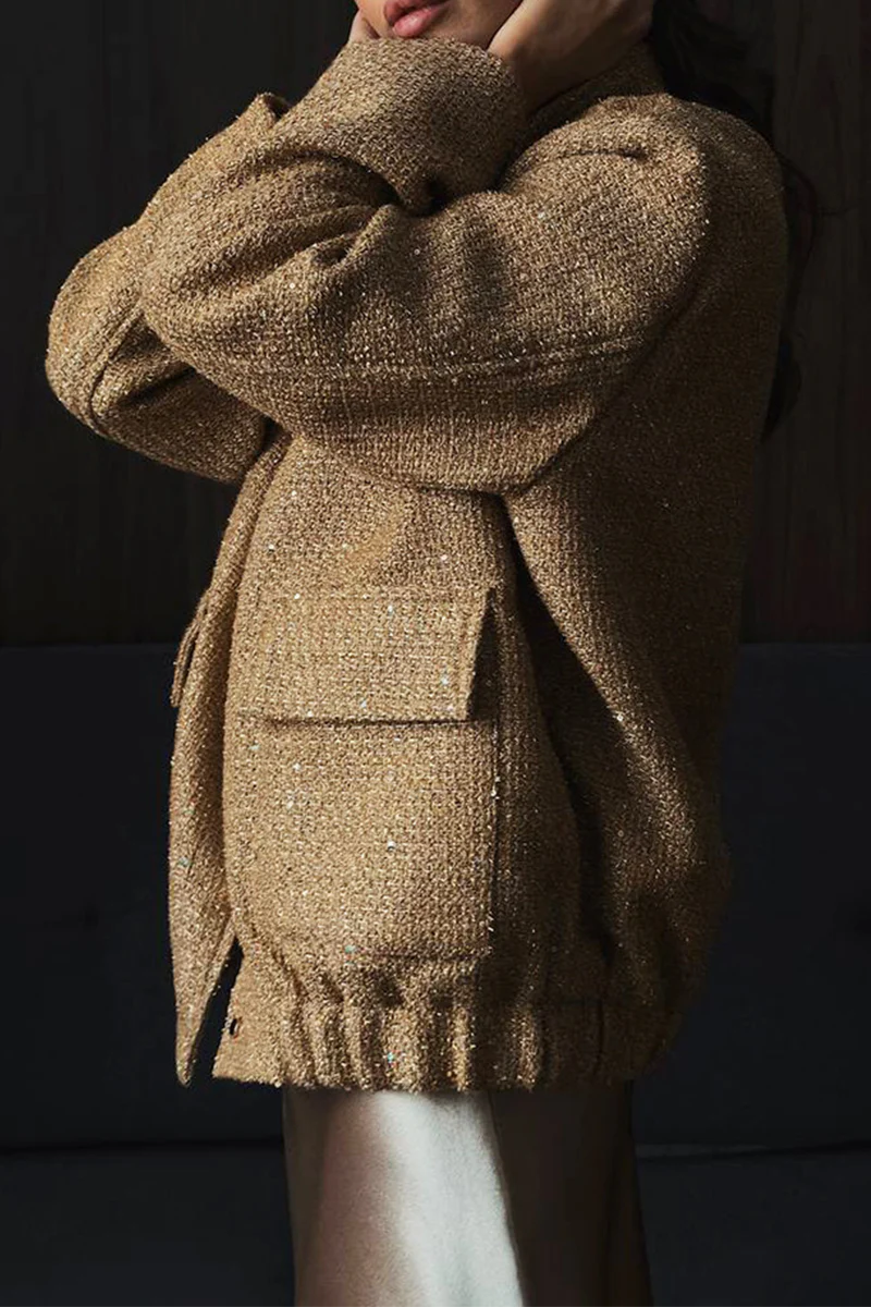 Casual Daily Solid Color Sequins Patchwork Mandarin Collar Outerwear - Panekey