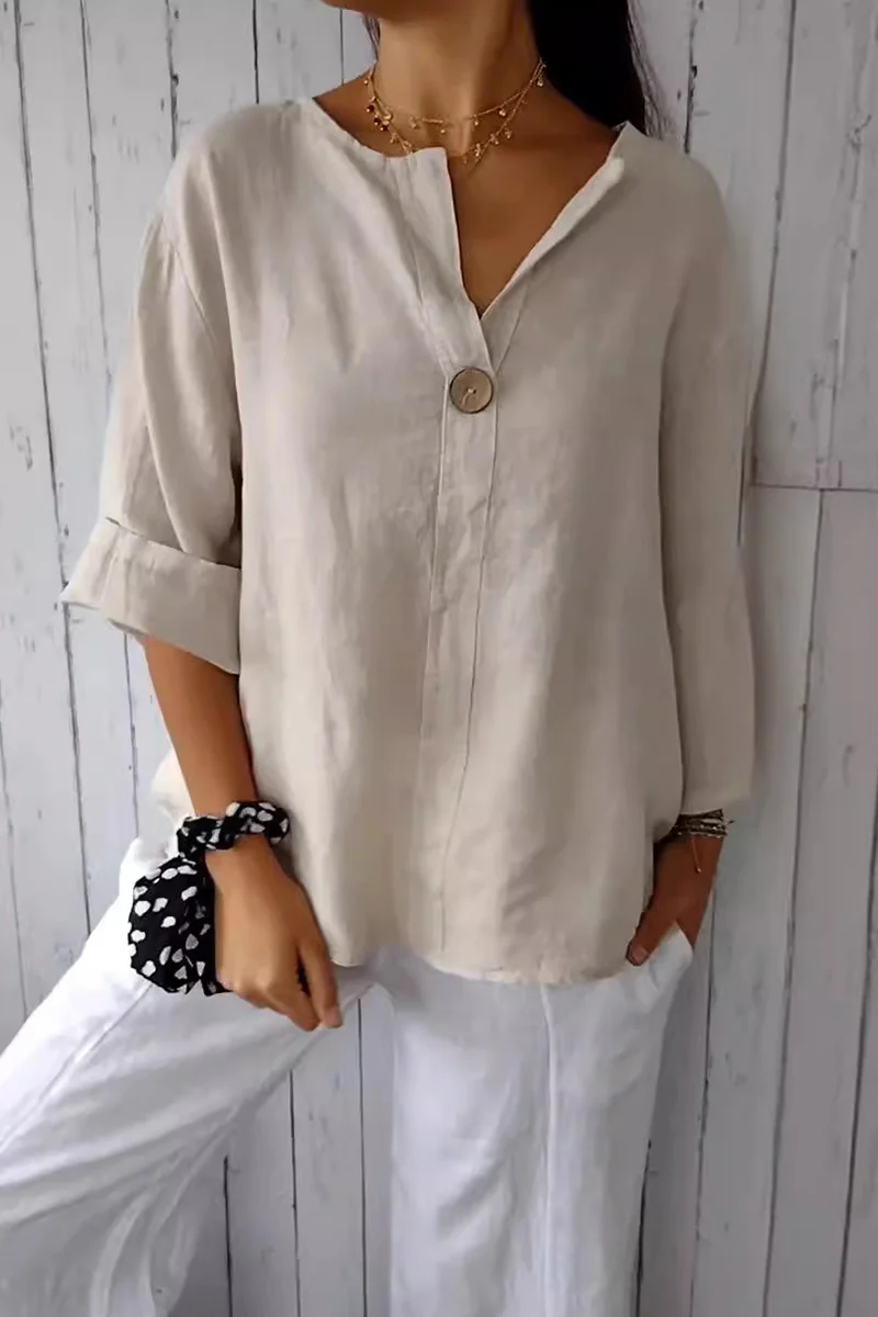 Casual Daily Solid Color Buttons V Neck T-Shirts - Panekey