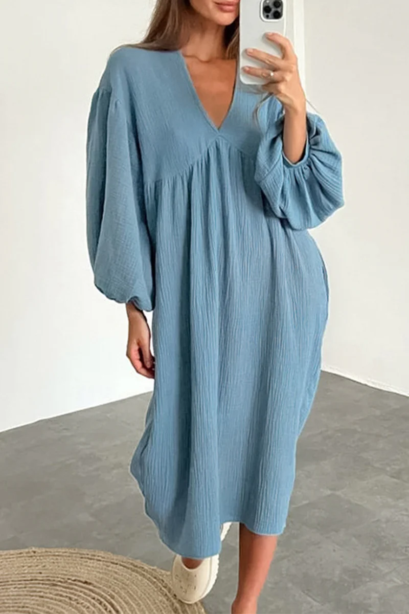 Casual Living Solid Pocket V Neck Long Sleeve Dresses - Panekey