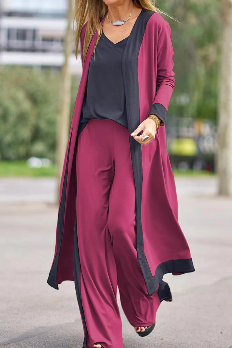 Casual Elegant Patchwork Contrast V Neck Long Sleeve Three Pieces(4 Colors) - Panekey