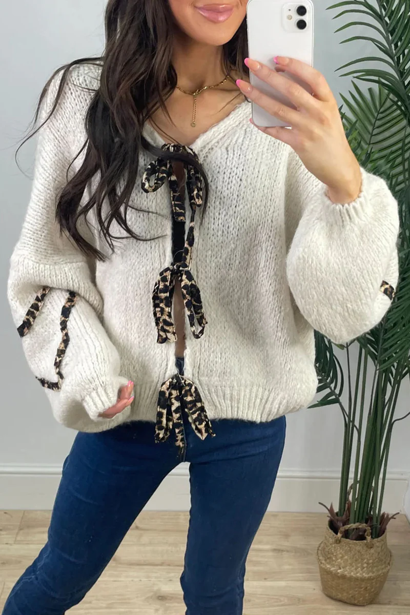 Casual Leopard Lace Up Patchwork Weave V Neck Outerwear(7 Colors) - Panekey